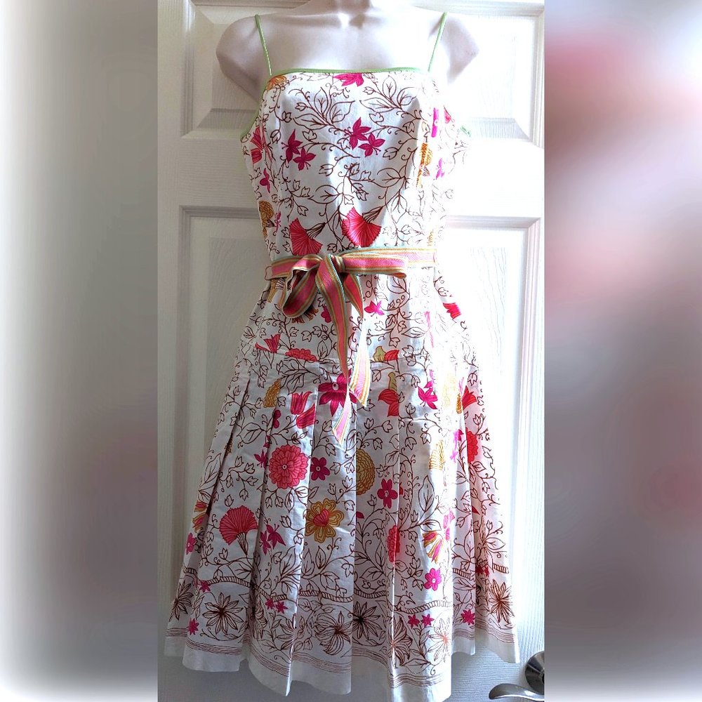 ABS by Allen Schwartz White Pleated Floral Sundress with Shoulder Straps
